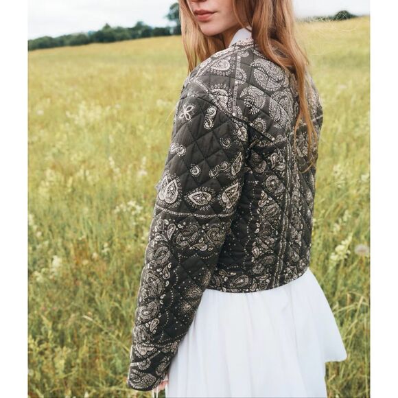H&M Quilted Cotton Paisley Print Jacket Khaki Green XL - Picture 3 of 5